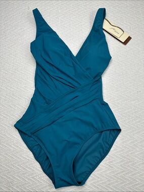 Gottex Teal pleated Wrap-Front One-Piece Swimsuit contouring adjustable with bra